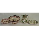 A collection of masons items to include: blue mandalay bowl, red mandalay bowl and chartreuse items