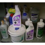 A quantity of cleaning products: floor cleaner, washing up liquid etc.