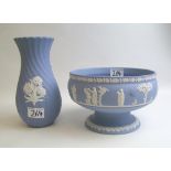 A Wedgwood blue jasperware pedestal bowl and vase: bowl diameter 20cm.