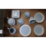 A collection of Wedgwood embossed blue Queens ware items: including part tea set, trinket box (12).