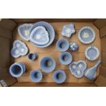 A collection of Wedgwood blue jasperware items: to include vases, ashtrays etc (18).