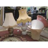 Two 20th Century ceramic table lamps with shades: plus 3 extra fabric shades (5).