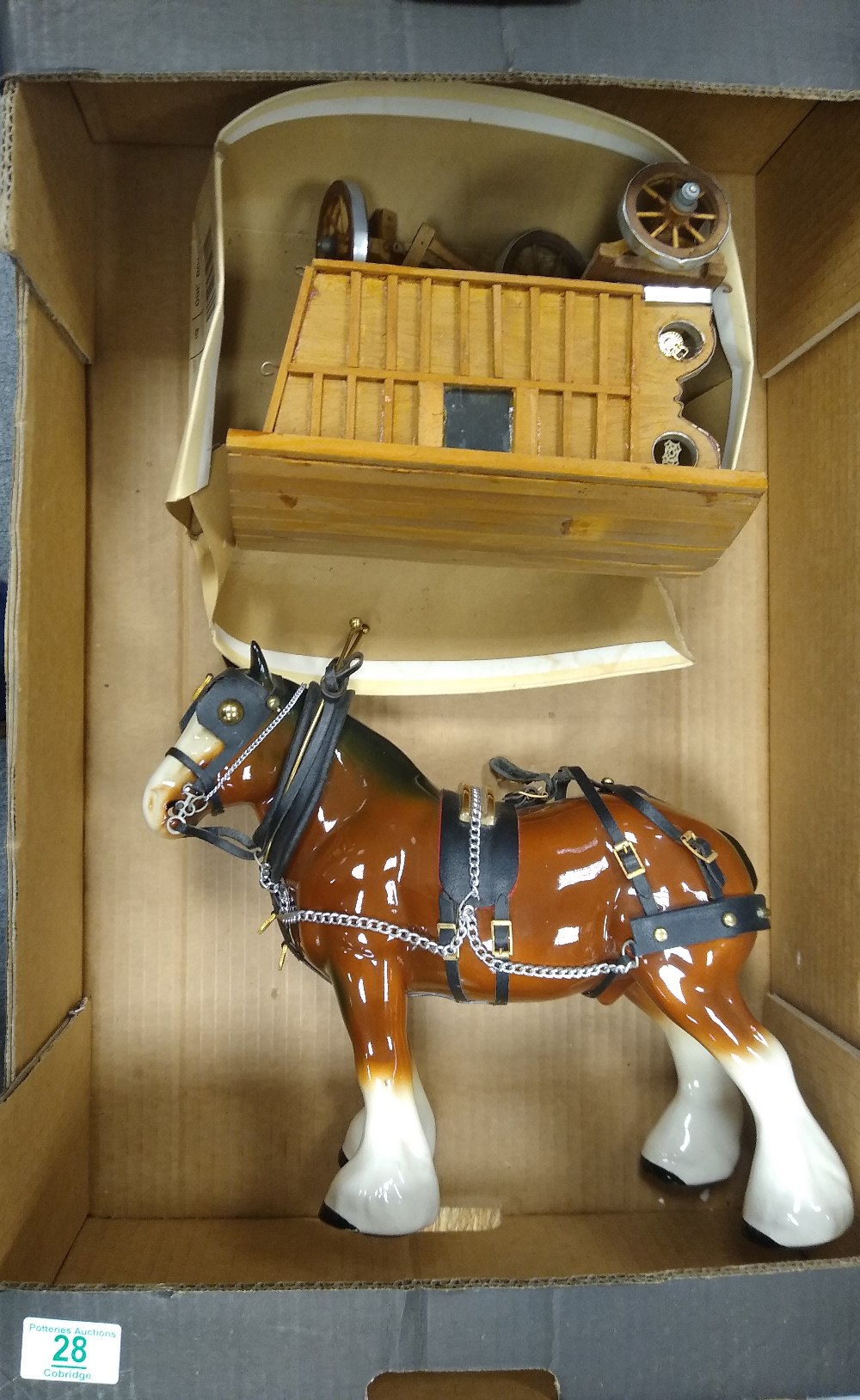 A large ceramic model of a shire horse: with similar wooden gypsy caravan