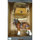 A large ceramic model of a shire horse: with similar wooden gypsy caravan