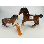 Beswick Shetland pony: ( 1 leg restuck), cantering shire 975 together with a palomino head wall