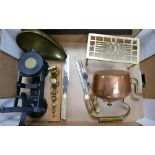 A mixed collection of items to include: Copper Kettle & Brass Stand, Horn type handled carving