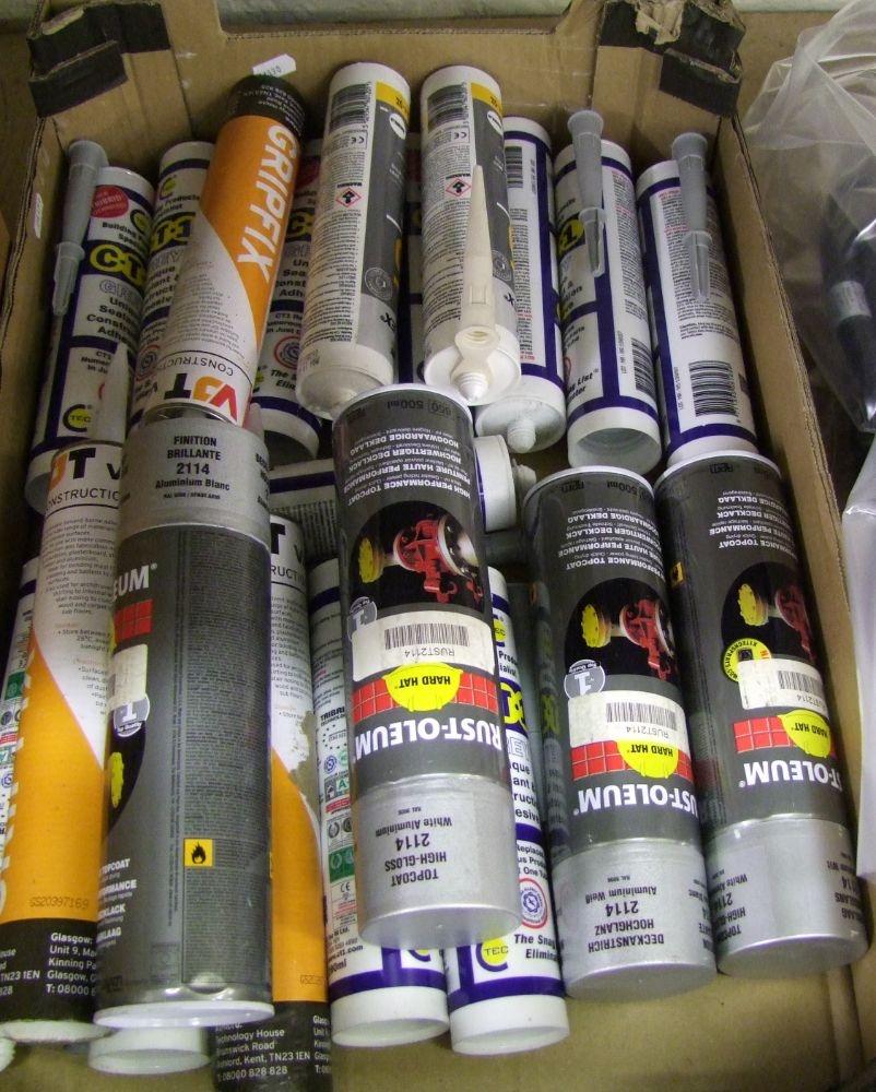 A quantity of adhesive, decorators caulk and top coat.