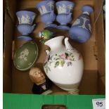 A collection of Wedgwood jasper ware items: to include vases, egg trinklet box together with a