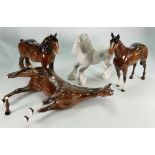 Beswick grey cantering shire: model 975, brown shire 818, large hunter 1734 ( 1 leg detatched) and