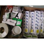 A mixed collection of electrical items: including European adaptors, lights, switches etc.