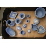 A collection of Wedgwood blue jasperware items: to include vases, small planter etc (15).