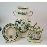 Masons large twin handled vase in the Chartreuse pattern: together with mantle clock and picture