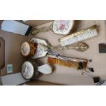 Brass effect dressing table set: together with small selection of hat pins