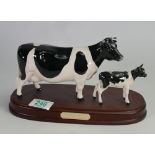 Beswick Connoisseur Friesian Cow & Calf: on Wooden Plinth