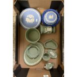 A collection of Wedgwood green and blue jasper ware: to include vases, planters, dressing table tray