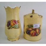 An Aynsley Orchard Gold tea caddy: together with a vase (a/f) height of tallest 21cm.