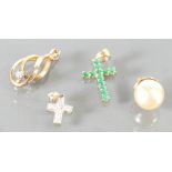 Four 9ct gold pendants: Including diamond pendant, pearl pendant and 2 gem set crucifixes, 4.