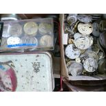 Box of pocket watch parts: Inc. lever movements and others, plus back covers for pocket watches.