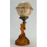 Art Deco lady glass lamp base & shade: Amber glass figural base,