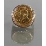 9ct gold ring set with one tenth 1/10 Kruggerand coin: Size L, 6.7 grams. Size N.