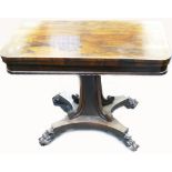Victorian Rosewood fold over Card table: With lions paw feet, width 91cm,