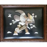 Chinese wooden carved panel: Decorated as an eagle with mother of pearl, bone etc. in later frame.