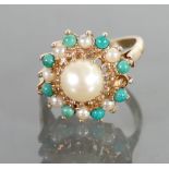 9ct gold ladies dress ring: Set with cultured pearl & turquoise stones, 5.2 grams.