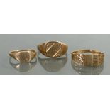Three 9ct gold gents Signet rings: 9.4 grams.