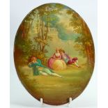 Oval Earthenware plaque: Hand painted with 18th century garden scene by Leslie Johnson, height 31cm.