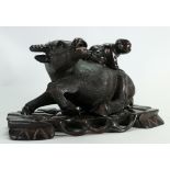 Chinese hardwood figure group of Peasant on Water Buffalo: Mounted on stand, length 27cm,