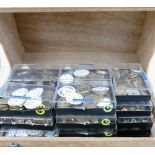 A large wooden box full of over 30 plastic boxes containing pocket watch movements and parts: Dials,