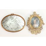 Two 19th century miniatures: Detailed hand engraved Abalone shell (mother of pearl) oval miniature
