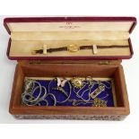 A small collection of ladies costume jewellery in carved wood box: Including Ladies gold plated