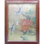 Chinese silk picture of a pair of birds in flowers: In frame. 39 x 30cm.