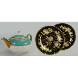 Wedgwood teapot in blue & gold and a pair of side plates in the black Tonquin design: (3)