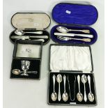 Group of 4 cased silver sets: Two knife fork & spoon sets, both with initials,