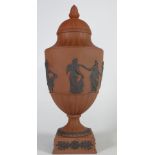 19th Century Wedgwood Terracotta Jasperware Dancing Hours urn & cover: (Two minute chips to edge of