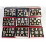 Nine x UK proof coin sets: Year sets 2001-2007 2010 & 2011 inclusive.