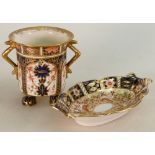 Royal Crown Derby Imari items: Two handled footed cup (one foot stapled) and dish.