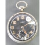 Huber silver plated Lever pocket watch: With black dial and top winder.