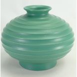 Wedgwood green squat turned vase by Keith Murray: h 16cm, d21cm.