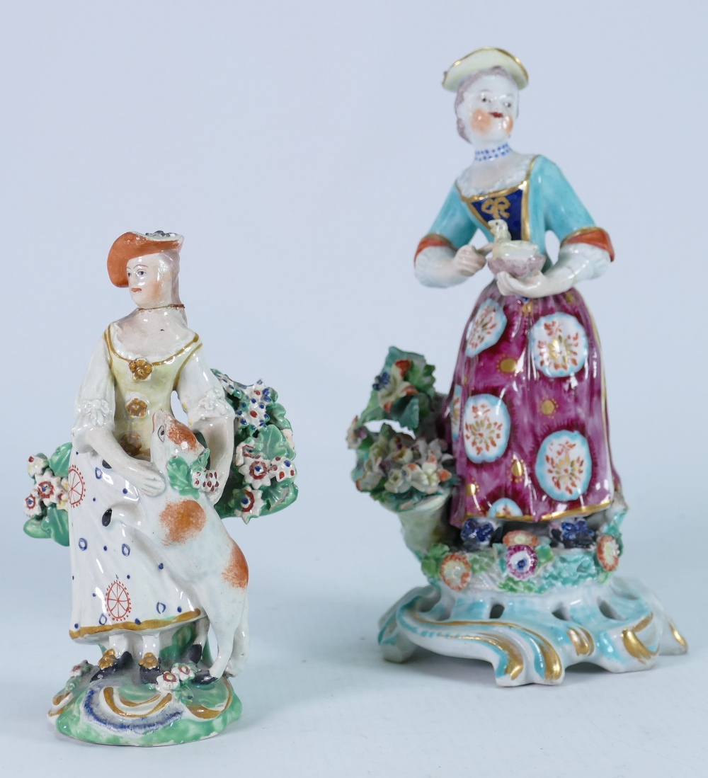 18th/19th Century Dresden hand painted figures: Of girl with lamb & lady with chicks,