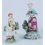 18th/19th Century Dresden hand painted figures: Of girl with lamb & lady with chicks,