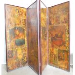 Victorian Pitch Pine folding Screen with Scrapbook decoration: Four folds,