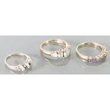 9ct gold ladies dress rings set with semi precious stones: Sizes 2 x Q & 1 x I, 5.9 grams.