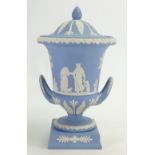 Wedgwood blue & white Jasperware two handled Urn & cover: Dated 1979, height 30cm.