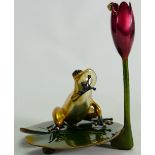 Tim Cotterill "Frogman" bronze frog sculpture: Brightly gold coloured frog on lily pad,