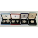 UK silver proof coins: 1992 - 1993 50p coin, 1992 10 pence two coin set, 1990 5 pence two coin set,
