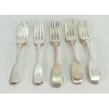 Ten hallmaked silver dessert forks in two groups of five: A Victorian set of 5 matching,
