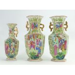 19th century Chinese Canton porcelain pair of two handled vases: Decorated all around with Geishas